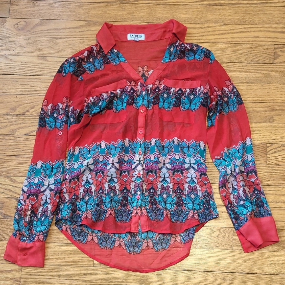 Express Red and Blue Floral Blouse